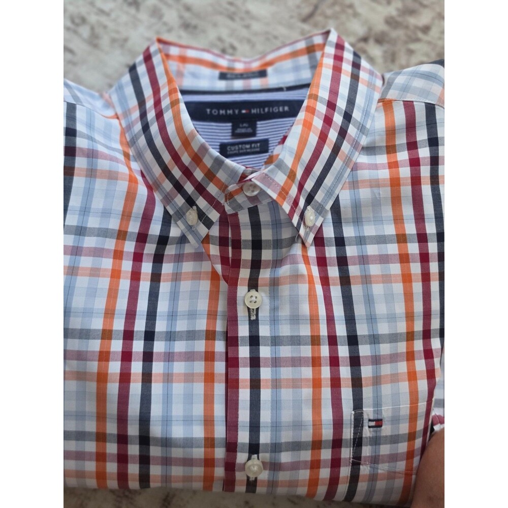 Tommy Hilfiger men’s custom fit button down shirt in a multicolor plaid